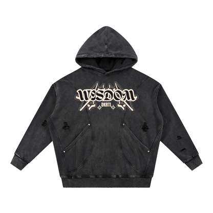 Snow Washed Distressed Panel Pocket Hoodie