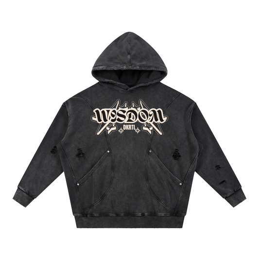 Snow Washed Distressed Panel Pocket Hoodie