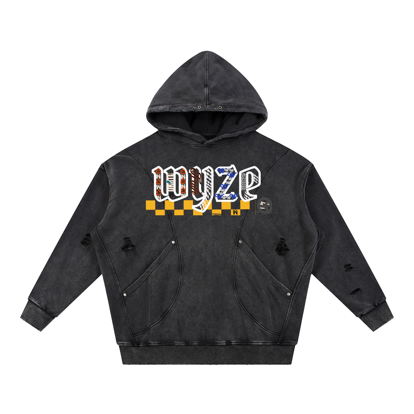 Snow Washed Distressed Panel Pocket Hoodie