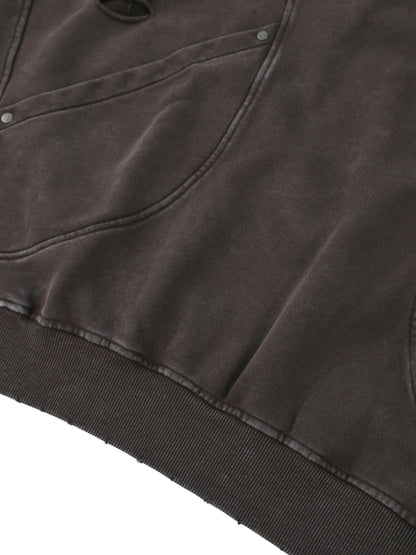 Snow Washed Distressed Panel Pocket Hoodie