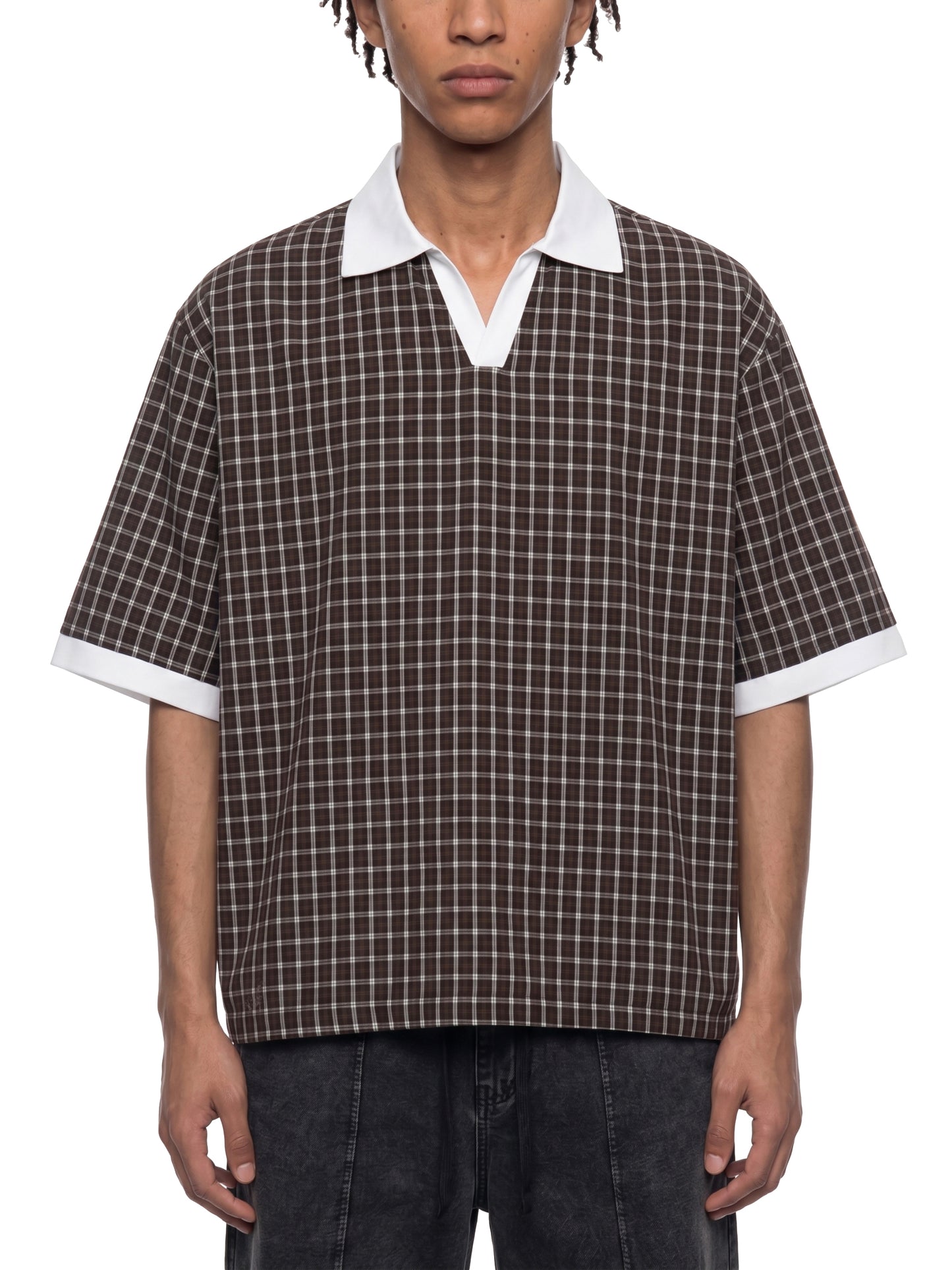 Unisex Boxy Plaid Color Block Polo Shirt