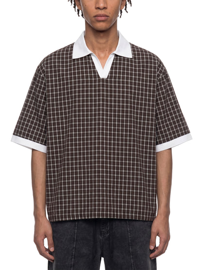 Unisex Boxy Plaid Color Block Polo Shirt